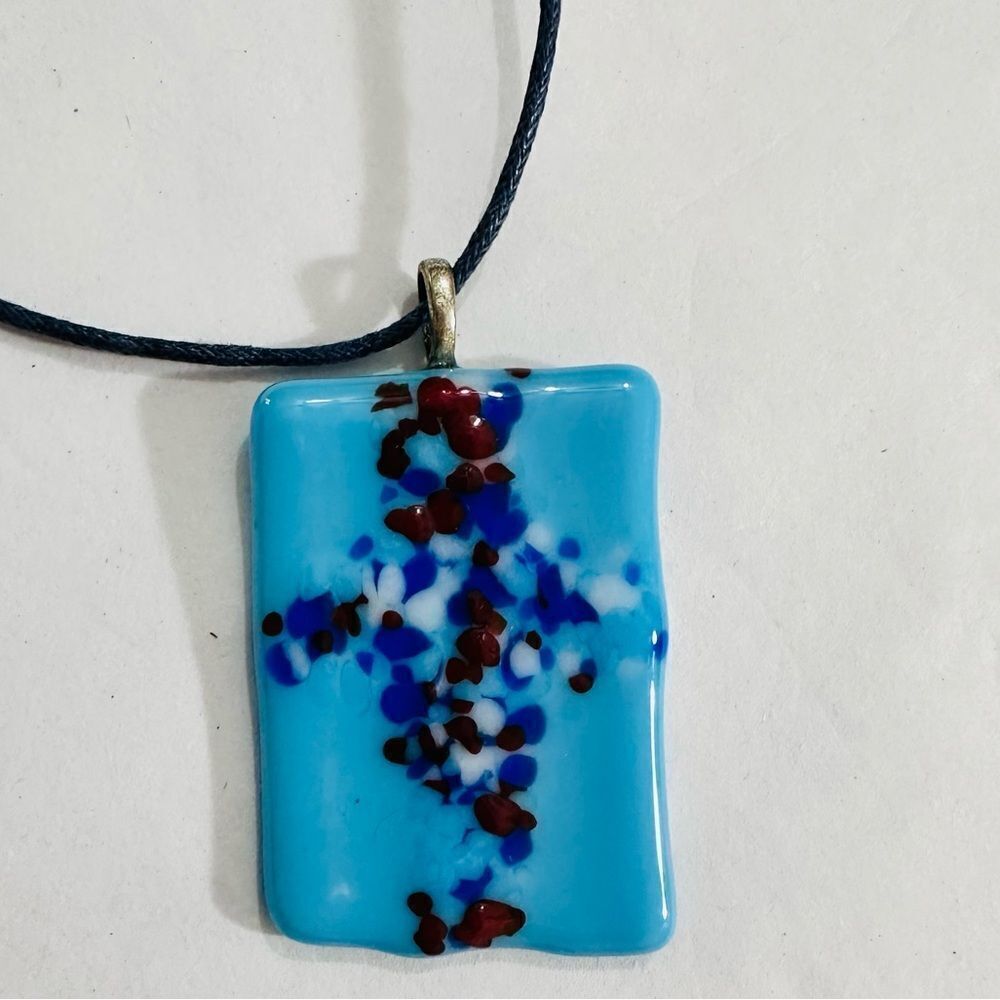 Blue and Red Rectangular Handmade Glass Pendant on adjustable cord Necklace